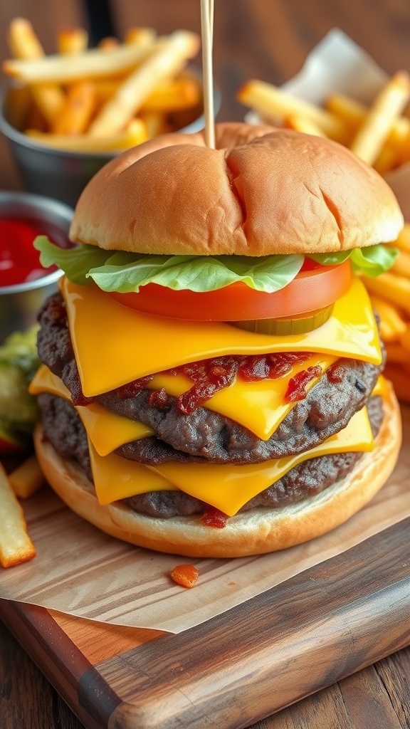A juicy double cheeseburger with two patties, cheese, lettuce, tomato, and pickles, on a wooden board with fries.